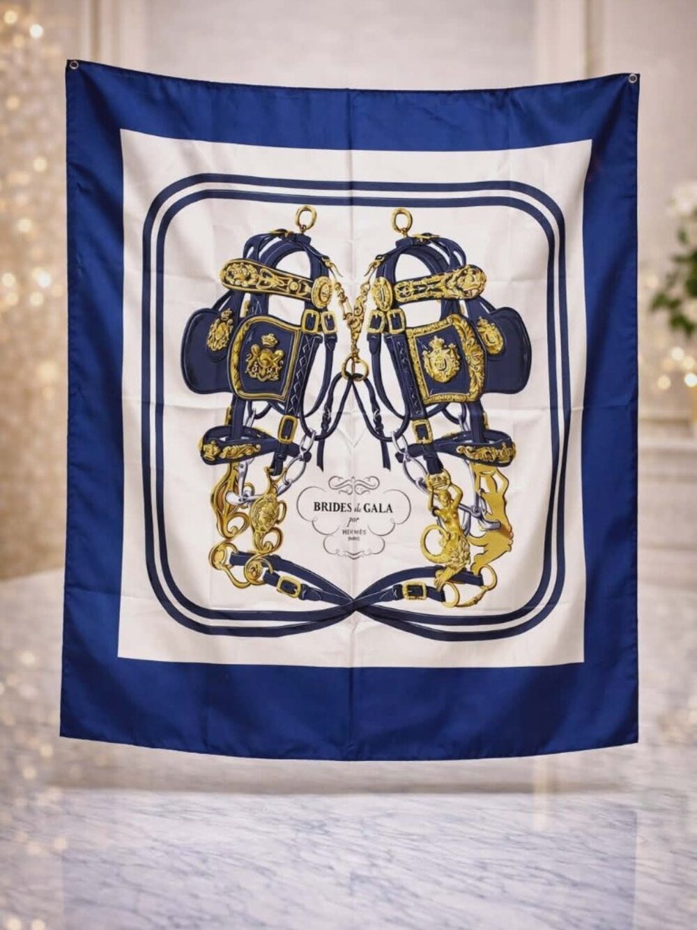 Authentic Hermès Brides de Gala Silk Scarf Blue Gold Equestrian Print Square 90